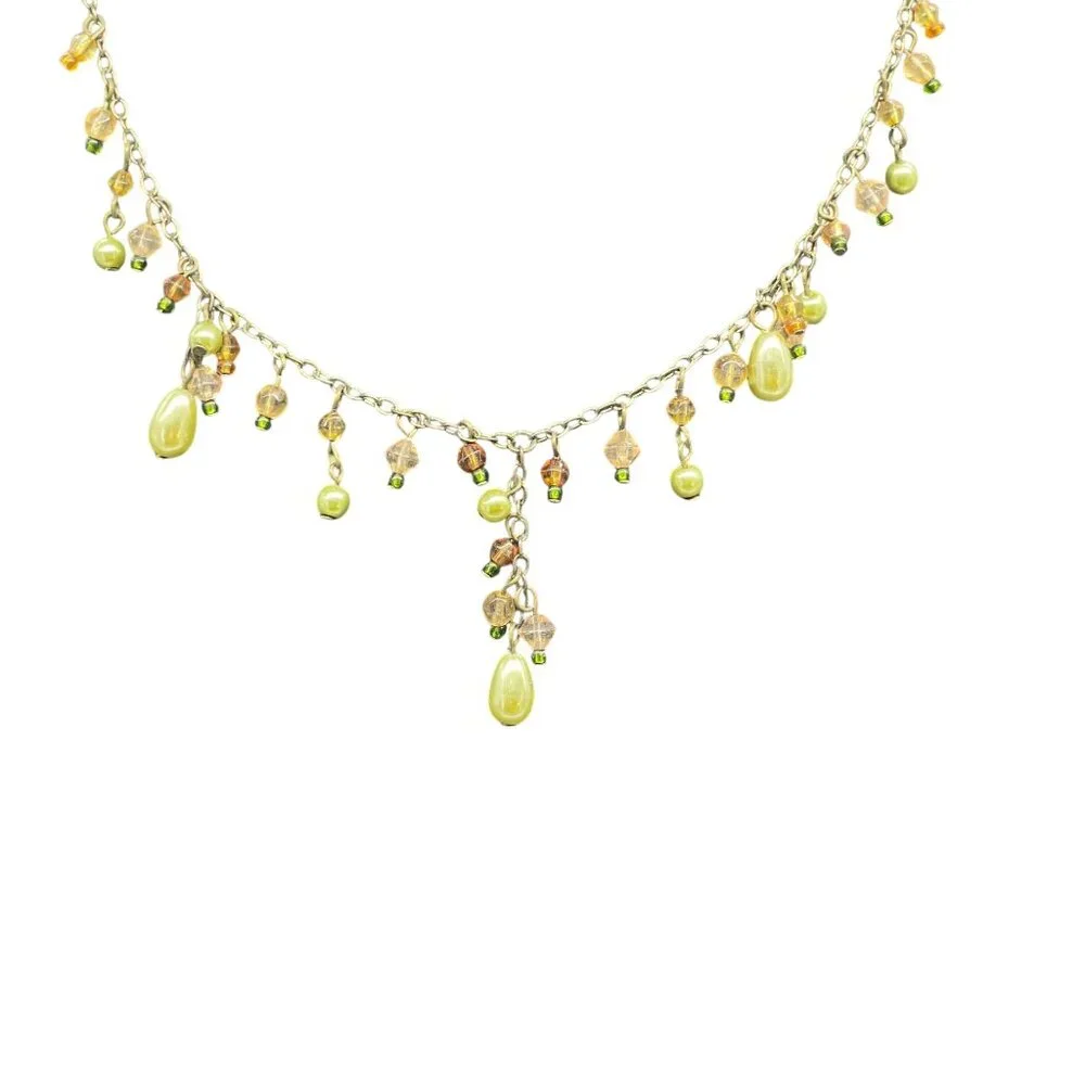 Green Beaded Y Drop Chain Necklace Brass Tone Chic Elegant Boho